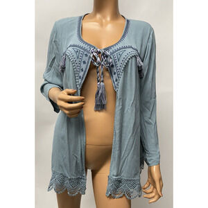 knox rose cardigan XL lagoon blue long sleeves embroidered /fringe